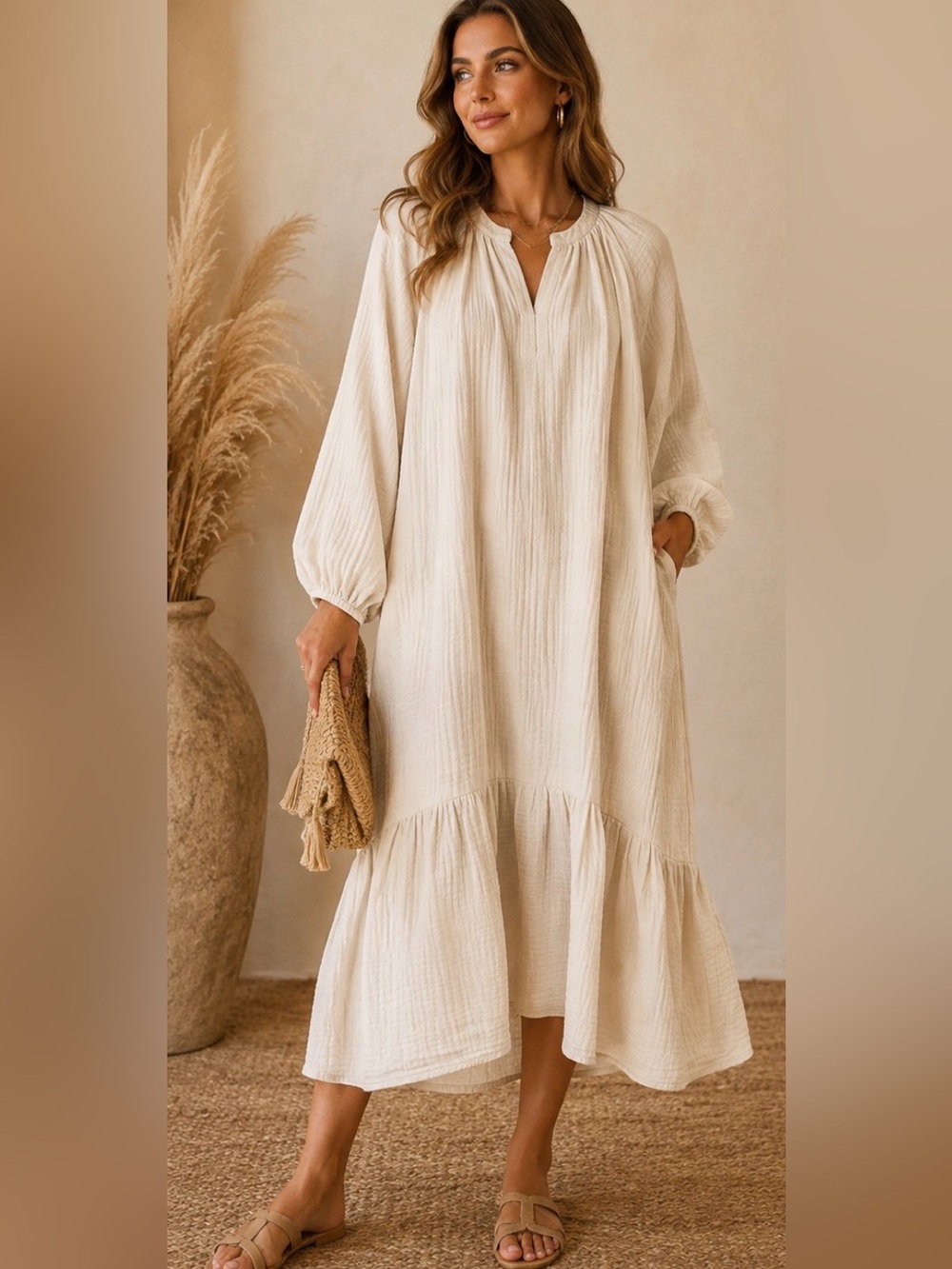 NWT Filosofia Cream Gauze Oversized Boho Midi Dress Size Medium